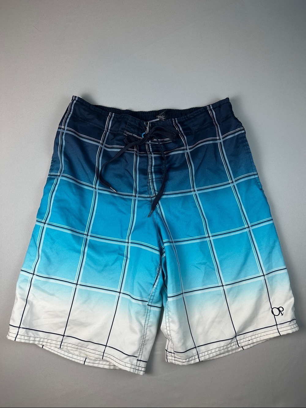 OP Ocean Pacific Men's Swim Trunks Ombre Plaid Swim Shorts — Navy, Aqua, White